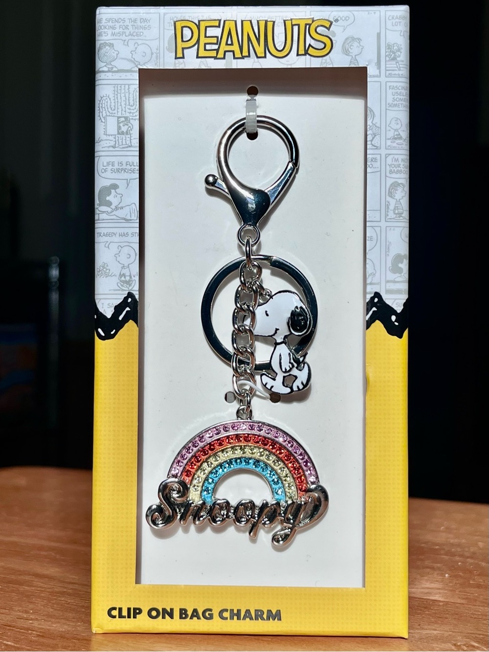 Peanuts Snoopy Rainbow Bling Clip-On Bag Charm Key Chain Travel Accessories